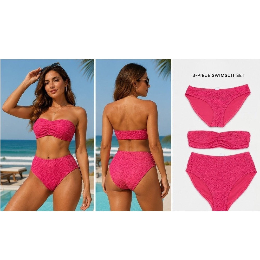 Andie Swim 3-Piece Set S Strapless Pana Top Classic & High Waisted Bottoms Pink‎